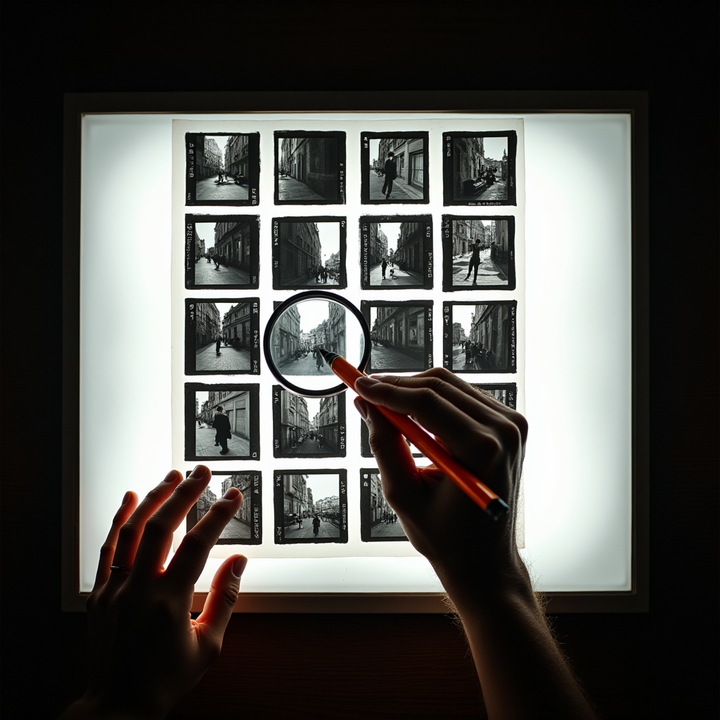 Contact sheet su carta fotografica illuminata da luce rossa in camera oscura professionale