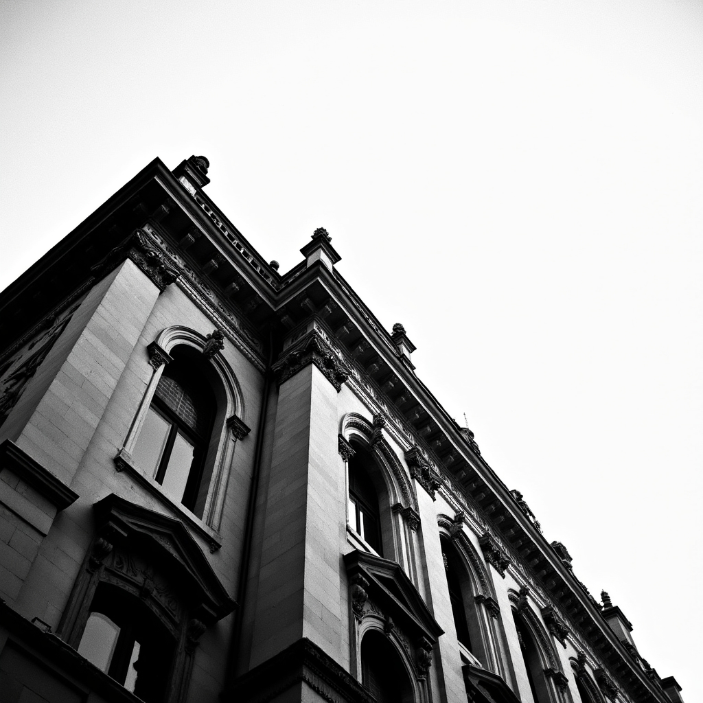 Architettura milanese fotografata su pellicola in bianco e nero con contrasto elevato