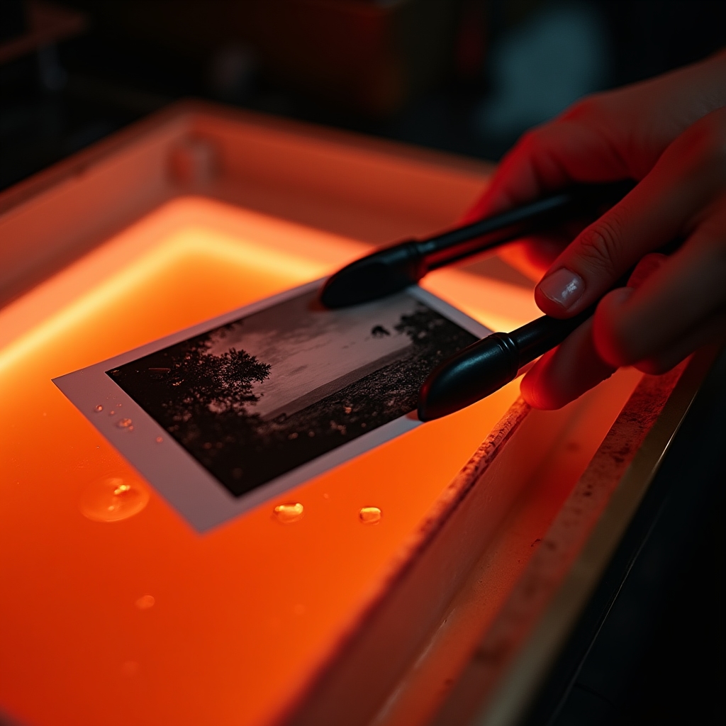 Mani di uno studente che tengono una stampa fotografica appena sviluppata in camera oscura