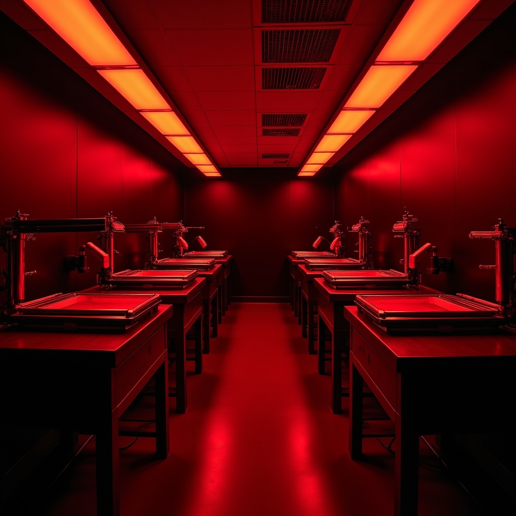 Vista generale del laboratorio fotografico con postazioni di camera oscura e ingranditori Durst