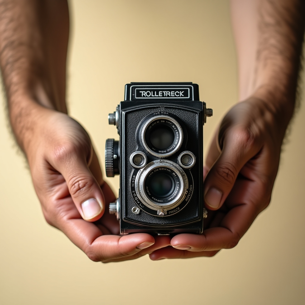 Mani adulte che tengono una macchina fotografica medio formato Rolleiflex su sfondo neutro