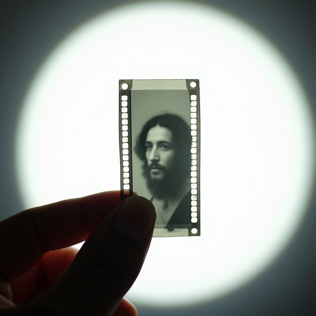Negativo fotografico tenuto contro la luce, dettaglio delle grane e delle toni